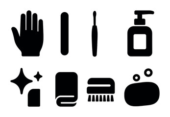 Hygiene and personal care silhouette icons set – cleanliness, grooming essentials