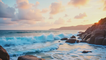 Stunning coastal sunset view with waves crashing on rocks at a beach during twilight hours
