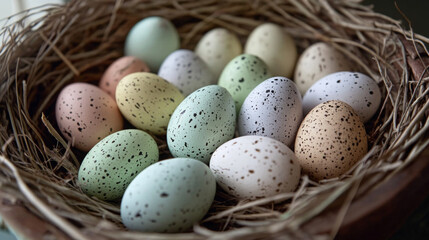 A basket full of eggs with different colors and patterns