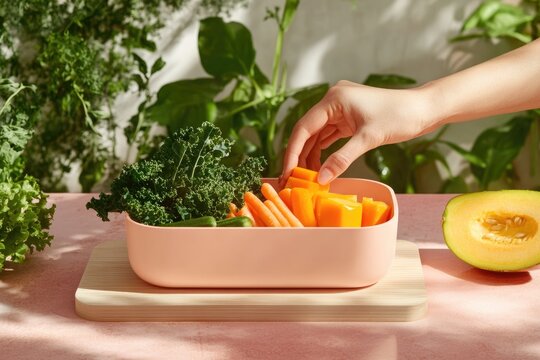 Hand adds mango to a lunchbox filled with fresh kale, baby carrots, and cucumbers, promoting a healthy lifestyle. - Powered by Adobe