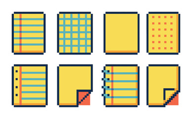 Writing and notes pixel art icons set – stationery, school, office supplies design