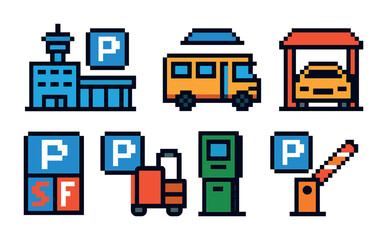 Transport and parking pixel art icons set &ndash; isometric, vehicle, travel symbols