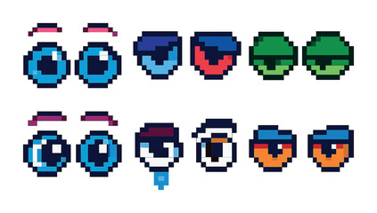 Fototapeta premium Cartoon eyes pixel art icons set – fun, colorful, character design tools
