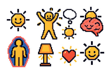 Mental health pixel art icons set – pixelated, emotional, wellness symbols
