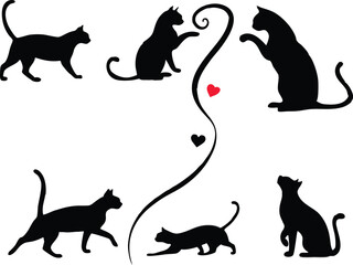 black cat silhouette with hearts, vector illustration