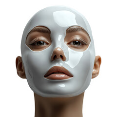 Woman applying white sheet face mask for skincare treatment and beauty routine on transparent background