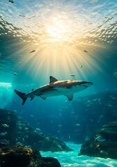 Obraz premium Ocean Majesty: Shark in Sunlit Depths AI Generated