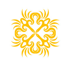 Stylized Gold Floral Medallion with Symmetrical Flourishes on Black Background