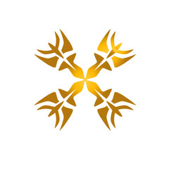 Golden abstract emblem design on dark background, stylized floral illustration