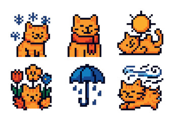 Cute pixel art icons set – whimsical, colorful, cat and nature elements