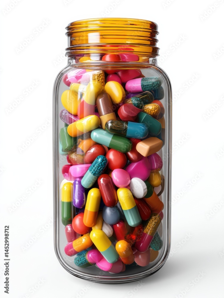 Fototapete Colorful Assortment of Pills Packed in a 3D Bottle Viewed From the Top Highlighting Organization and Variety in Design and Color Generative AI