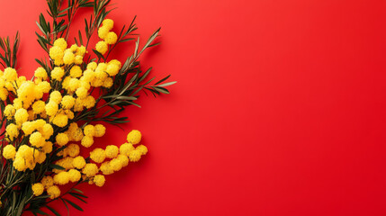 A red background with yellow flowers in the foreground