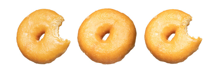 Three glazed donuts are arranged in sequence on a white background, two with visible bites. This clean and minimal composition highlights texture, humor, and food storytelling with simplicity.