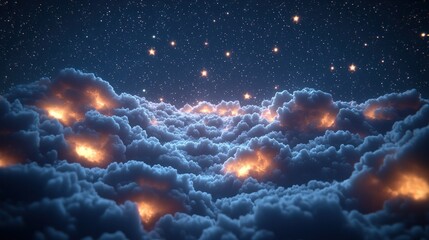 Cloudscape Sky full of stars and clouds, soft light shines