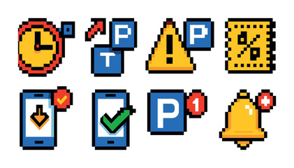 Parking and alert pixel art icons set &ndash; transportation, notification and reminder symbols