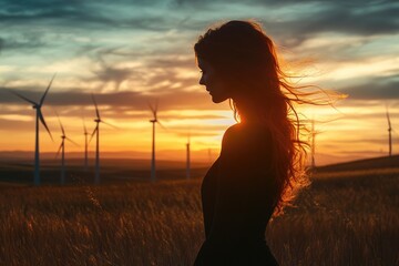 Silhouette of a woman with flowing hair, set against a sunset landscape with wind turbines in the background.