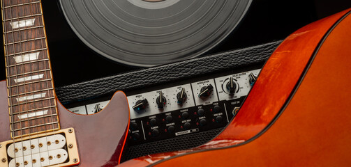 close up of guitars for music background.abstract music background with musical instruments details