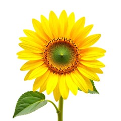 Obraz premium Bright Yellow Sunflower Close-up on White Background with Green Center and Leaves.