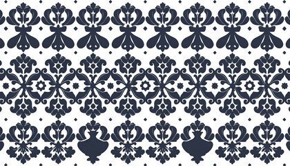 Damask Pattern: Elegant navy blue damask pattern on white background, perfect for fabric design, wallpaper, or textile projects.  Features a repeating design of intricate floral and arabesque motifs.
