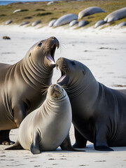Fototapeta premium Dominant male Southern Elephant Seal (Mirounga leonina) fights with a rival for control of a large harem of females during the breeding season on Sea Lion Island in the Falkland Islands.
