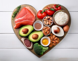 heart shape of ketogenic low carbs diet concept ingredients for healthy foods selection on white wooden background balanced healthy ingredients of unsaturated fats for the heart and blood vessels