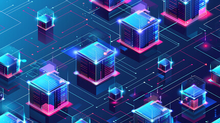 Isometric view of glowing blue and pink cubes representing servers or data blocks connected on a circuit grid. Concept of blockchain, data center, or network.
