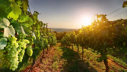 Papier peint photo Vignoble bunches of green grapes on vine in vineyard with green leaves in warm afternoon light  © Alan
