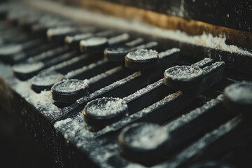 Close-up of an antique typewriter keys covered with a layer of dust, showcasing its aged texture and forgotten stories.