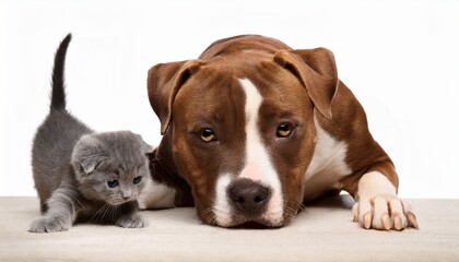 Obraz premium american staffordshire terrier dog with little kitten