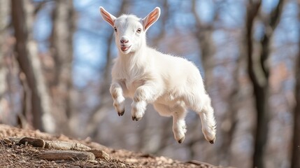 Fototapeta premium A Joyful Leap: A Captivating Image of a White Kid Goat in Mid-Air