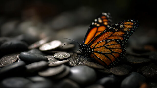 Orange monarch butterfly on dark gray stones and coins, creating a dramatic, symbolic image of fragility and value