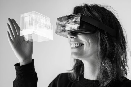 Woman in VR headset interacting with a digital architectural model, showcasing innovative technology and future design concepts.