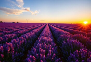 Obraz premium Endless lavender rows bathed in sunset's golden light, Provence, aromatherapy