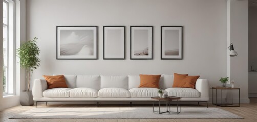 Modern minimalist living room, empty picture frames on wall,  clean,  interior styling,  artwork