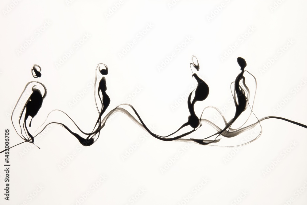 Aufkleber Abstract Flowing Ink Lines Create Minimal Human Figures in Dynamic Poses Expressing Emotion and Connection Generative AI