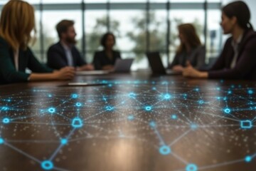 A diverse team meets in a conference room with a glowing technology network overlay on the table.