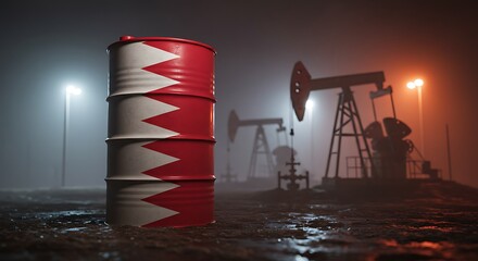 Oil Barrel with Bahrain Flag on Damp Oilfield Ground, Pump Jacks in Fog