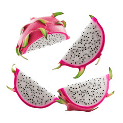 Four mid-air slices of dragon fruit with white pulp showcasing vibrant color and fresh texture,...