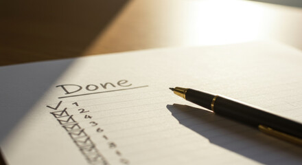 Checklist and pen on table with completed tasks marked