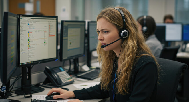 Young caucasian female call center representative focused on computer screen