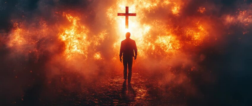 Salvation concept, man breaking from chains of sins, emerging into a bright and hopeful future. christian cross on the top, saved by religion