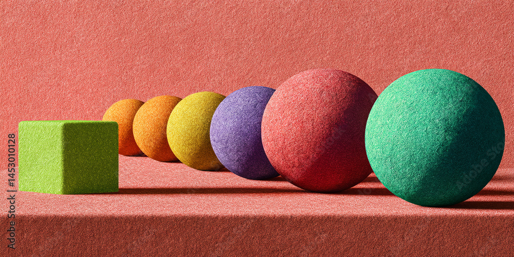Poster green cube and colorful spheres on textured red surface, showcasing a minimalist product display sce