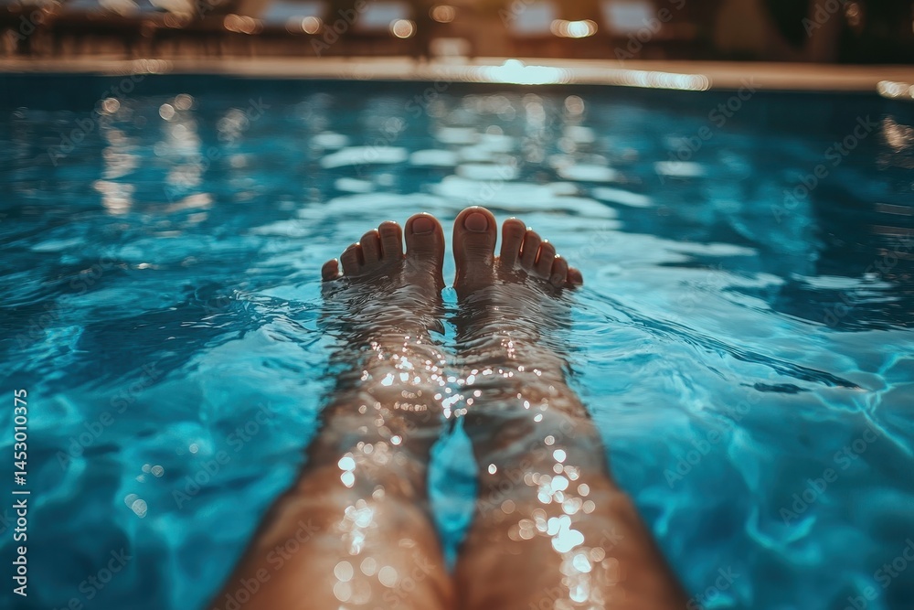 Poster relaxing in a pool at sunset with feet submerged in water, capturing the tranquil moment of evening 