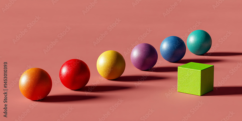 Poster colorful spheres arranged in a row, culminating in a lime green cube on a dusty rose background, sho