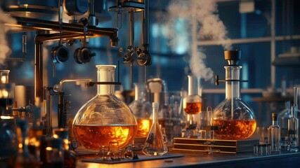A collection of glass flasks sitting on a countertop, often used for decorative or storage purposes