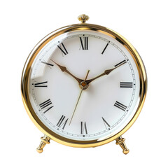 Retro-style desk clock with gold accents and glass cover showcasing vintage charm and timeless design, Isolated Transparent Background
