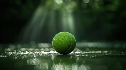 Dewy tennis ball on the ground. Soft focus, green tones