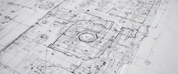 Technical drawing blueprint effect; white background, black lines, geometric shapes,  engineering,  CAD