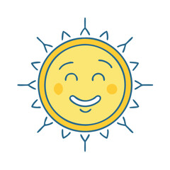 Smiling sun cartoon summer sunshine happy yellow face sunny day bright weather cheerful sunlight heat rays