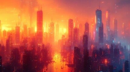 Fototapeta premium Warm skyline view featuring multiple skyscrapers at dusk creating a hazy, glowing, cityscape background with water reflection on a transparent background, PNG image, PNG file.